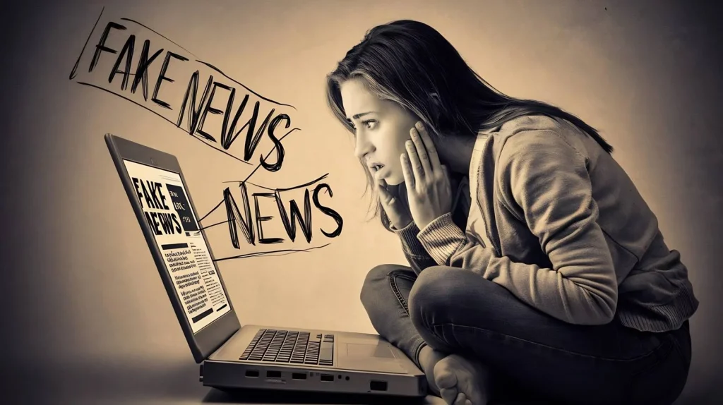 Negative news on laptop screen reading fake news